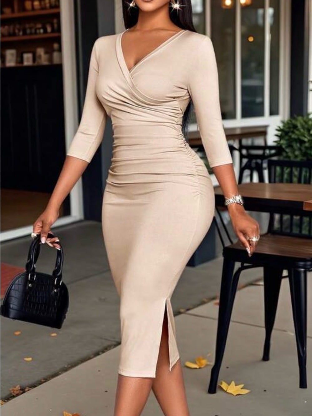 SHEIN Beige Wrap-Style Midi Dress - Picture 5 of 5